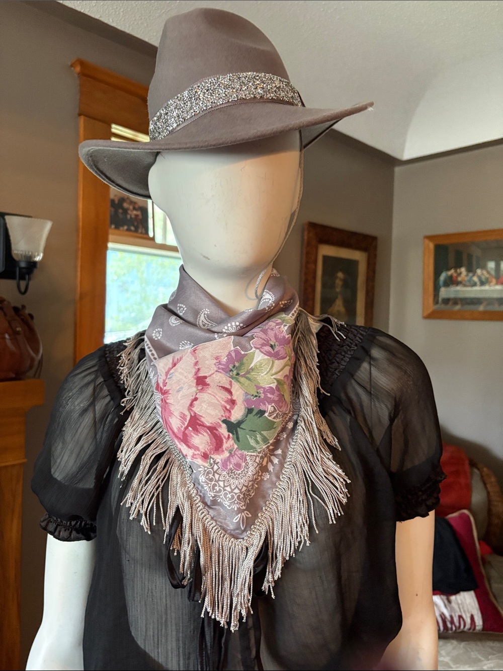 # 127  Fringed Floral Bandana Scarf in Taupe